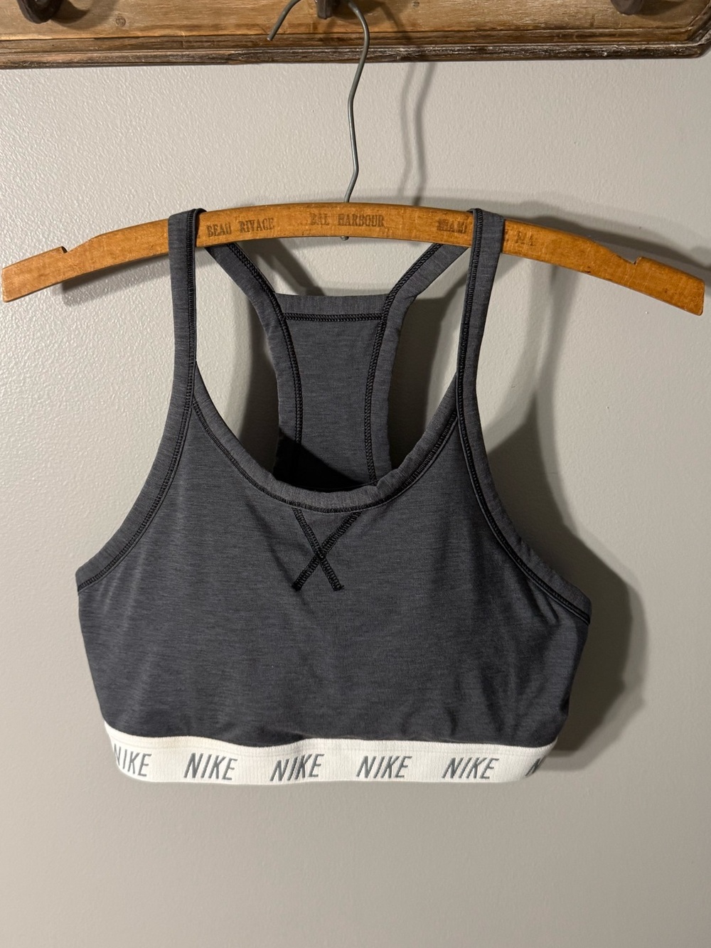 Nike Dark Charcoal Racerback Sports Bra with White Logo Band